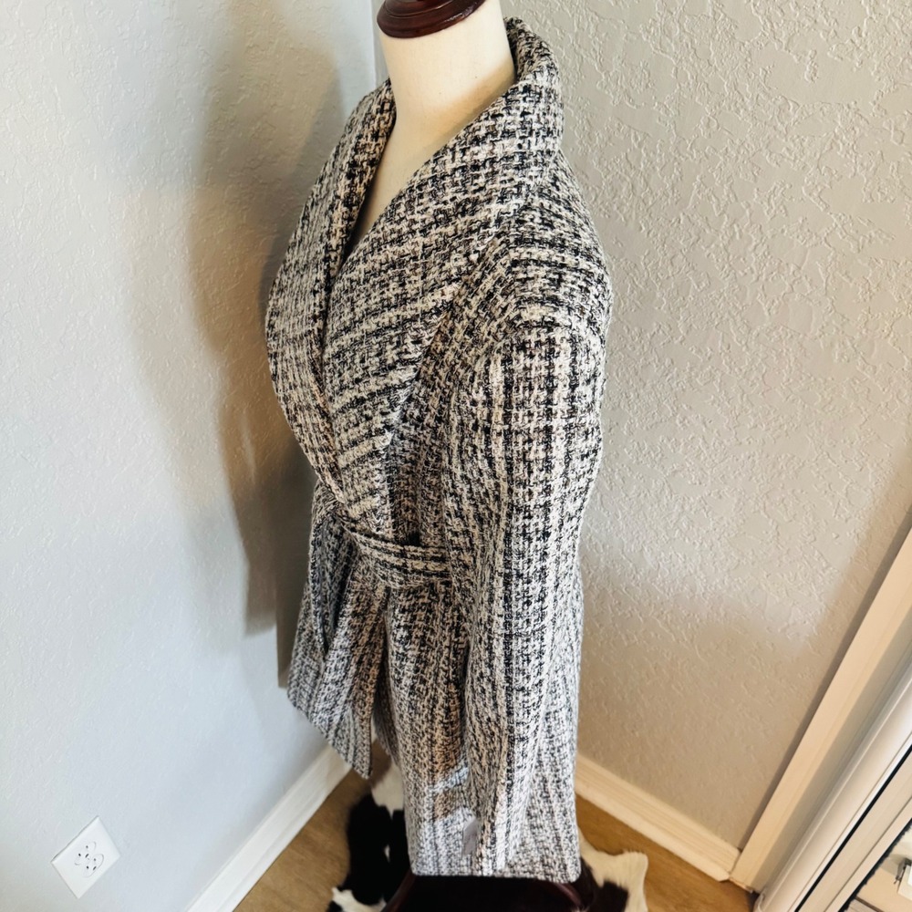 Sam Edelman Tweed Drape Lapel Wrap Coat, Natural Tweed, Black Gray Size 8, NWT - Picture 10 of 15